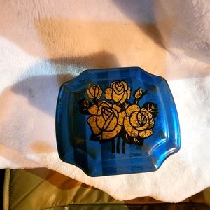 Vintage English Metal tin box trinket royal blue navy stripes Gold Roses 41/2x3"